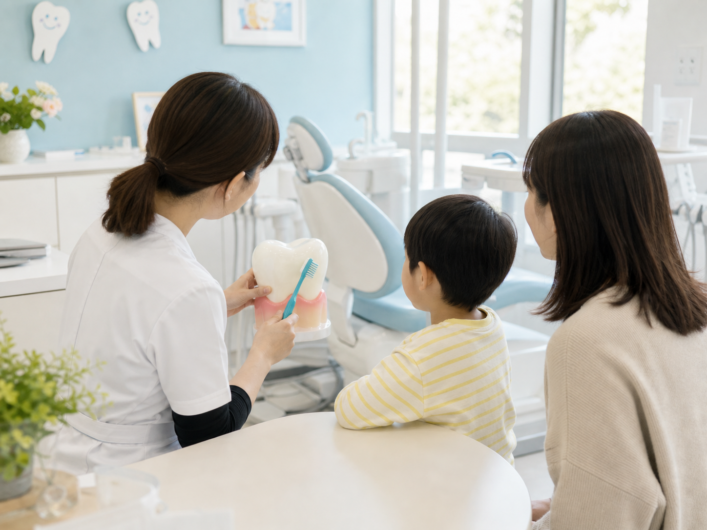 子どもに歯みがきを説明する写真風イラスト